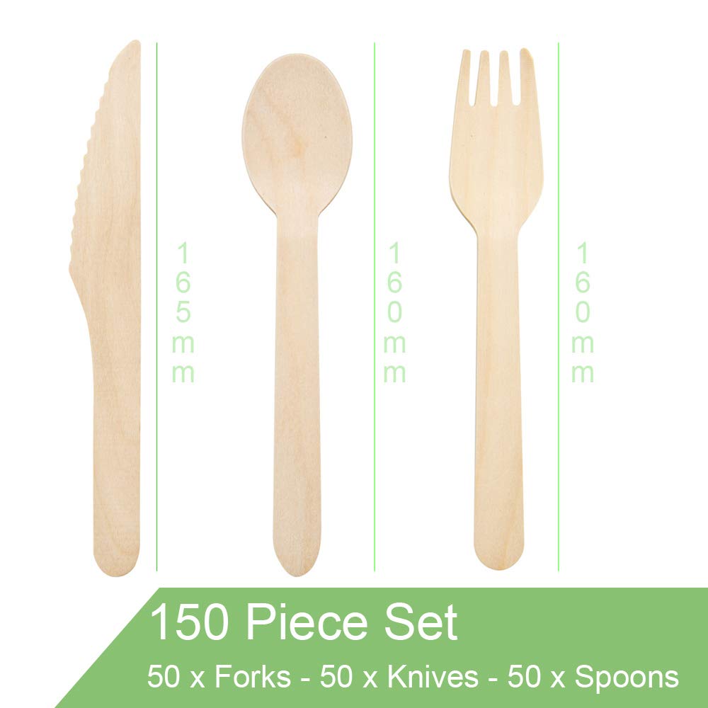 Set di 150 posate usa e getta in legno, biodegradabili, ecologiche, per barbecue, picnic, feste, 50 forchette, 50 cucchiai, 50 coltelli