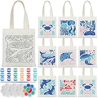 Aliceset 16 Pcs Color Your Own Bag Canvas Doodle for Painting Craft Ocean Boho Reusable Cotton Mini Tote Bag for DIY(Ocean Animals)