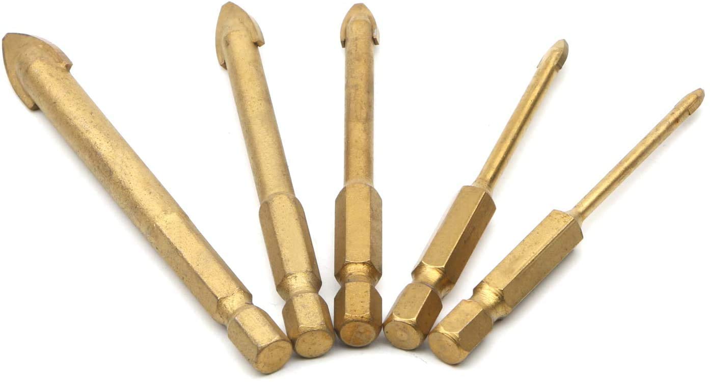 ZOYUBS 陶器穴あけドリルセット - 六角シャンクガラスドリルビット 3mm~10mm 5本入 陶器・ガラス・タイル・スレート・鋳物用 タングステンドリル刃 チタンコーティング 電動ドリルセット(ゴールド)