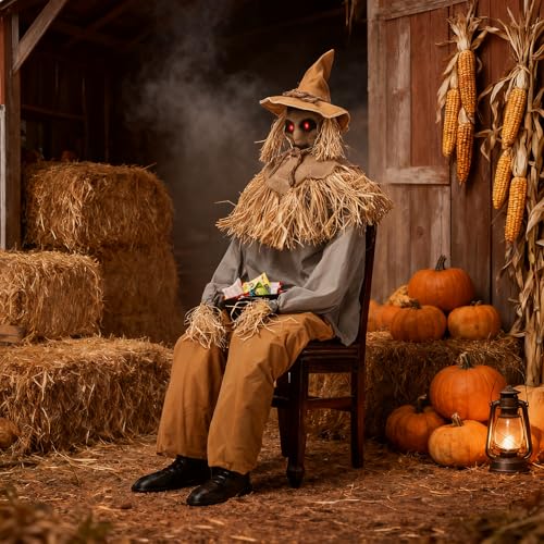 Halloween Animatronics 4.5 Ft Tricked Scary Sitting Scarecrow Decoration with