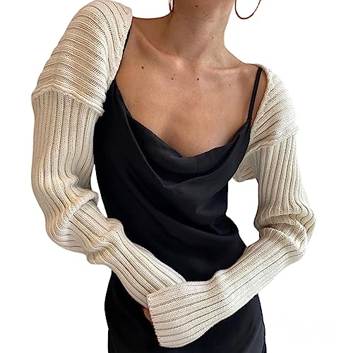 Fihch Bolero Shrug For Women Open Front Crop Cardigan Ribbed Knit Long Sleeve Bolero Sweater Crop Tops Streetwear Drop Shoulder Sweater White #TOP22