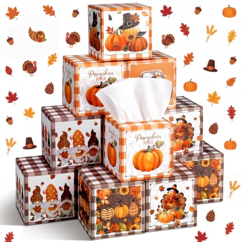 Image of Fourluoo 12 Pack Thanksgiving Plaid Facial Tissues Cube Face Boxes 600 Sheets 3 Ply Small Square Tissues Bulk for Car Bedroom Supplies