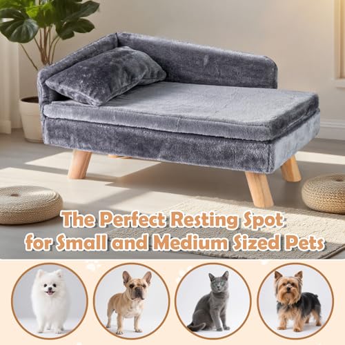 SOARS Hundesofa, Katzensofa mit Rückenlehne, Kissen & Holzbeinen, Hundecouch für kleine Hunde, Hundebett erhöht, Haustiersofa, 81 x 51 x 47 cm, Grau