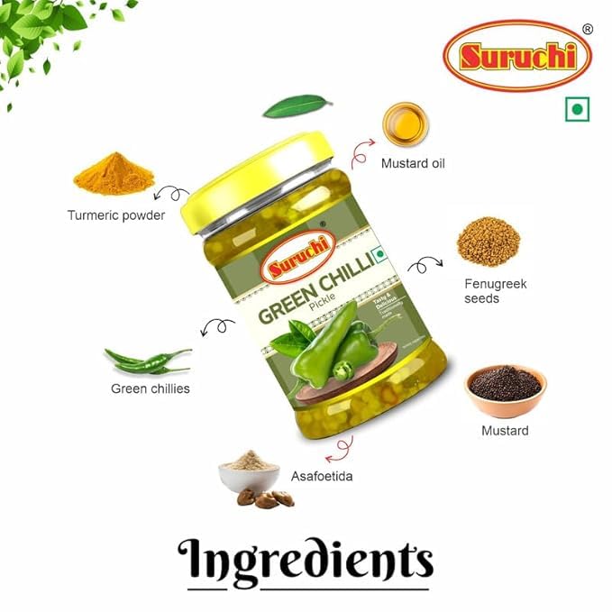 Image of Suruchi Green Chilli Pickle - 200g | Hari Mirchi Ka Achar | Ready to Eat Green Chilli Pickle | Authentic Indian Achar | Pure & Natural Ingredients | Hygienically Packed (Pack of 1)