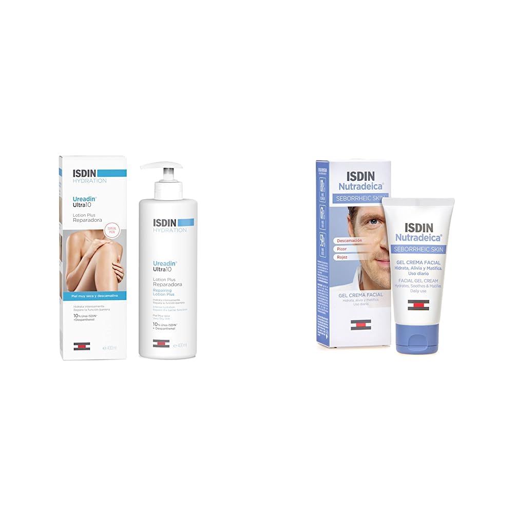 ISDIN Ureadin Ultra 10 Lotion Plus (400ml) | Feuchtigkeitsspendende Repair-Lotion für sehr trockene und schuppige Haut & Nutradeica Gel-Creme für das Gesicht | Seborrhoische Gesichtshaut | 50ml