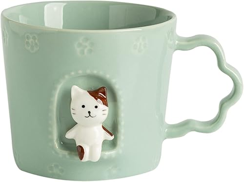DIHOclub Taza de cerámica con diseño de gato con ventana y animales, hecha a mano, regalo de vacaciones y cumpleaños para hija, hijo, niños, 9 onzas