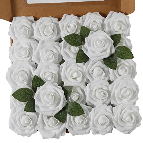 Ruiuzioong Rosa Artificial Flor 25PCS Rosa Falsa Espuma Mirada Real con Hoja y Vástago Ajustable para Bricolaje Ramos de Boda Decoraciones para el Hogar Nupciales (Blanco, 25pcs)