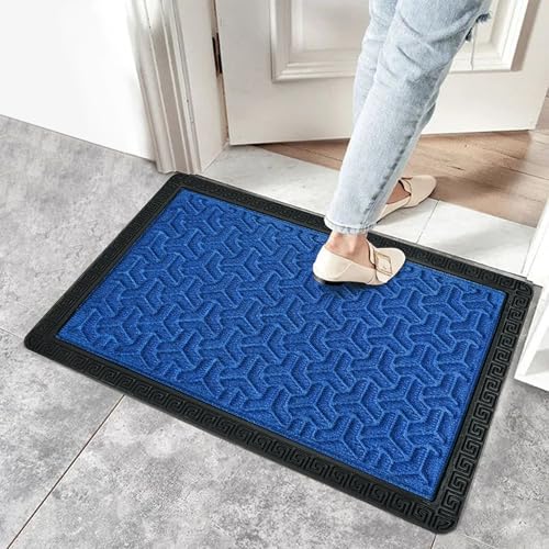 Image of Yellow Weaves 2 Pcs Door Mat for Home Entrance, Outdoor Rubber Mat - Non-Slip, Anti Skid Foot Mat, Dirt Trapper, Heavy-Duty, Weather-Resistant, Waterproof Doormat (40x60cms, Geometric, Blue Color)