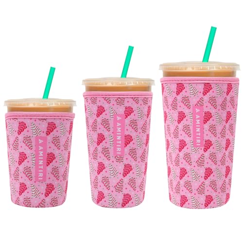 Image of 3 Pack Reusable Neoprene Sleeve for Iced & Hot Drinks, Compatible with Starbucks & Dunkin' Coffee Cup. (Pink Cake)