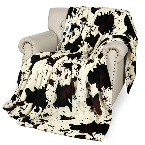 Cow Print Heated Blanket 90x90 Queen Size Electric Blanket Dual Control Cozy Soft Flannel Sherpa Heating Blankets with 9 Heat Levels & 2/4/8/12H Auto-Off