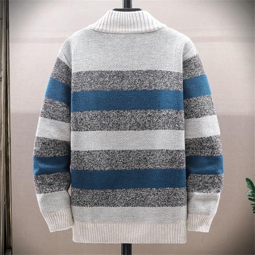 Men's Winter Stand Collar Knit Pullovers Striped Half Zipper Thick Fleece Warm Sweater3