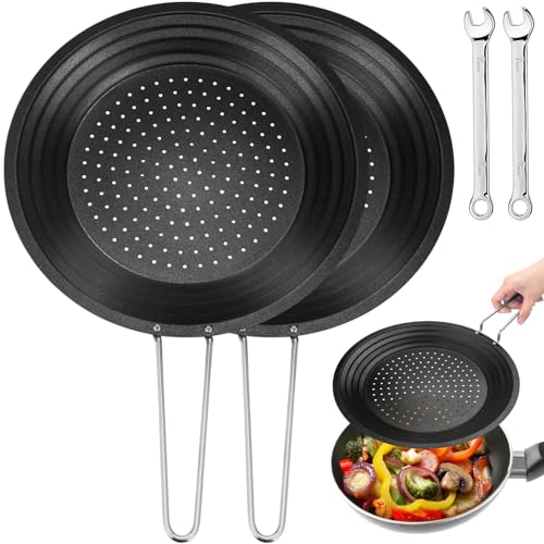 Teenyyou 2 Pack Stainless Steel Splatter Screen for Frying Pan 12.6 Inch Splash Guard Removable handle for Kitchen Frying Hot Grease Oil Splatter Shield for Safe Cooking, with Wrench(Black)