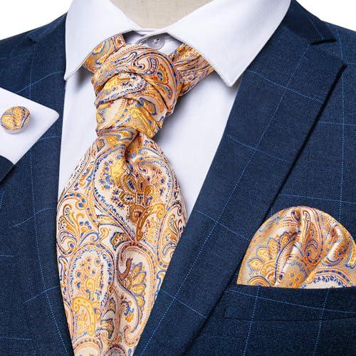 Image of DiBanGu 3PCS Ascot Ties for Men Wedding Jacquard Woven Silk Ascot Cravat for Men Cravat Tie and Pocket Square Set