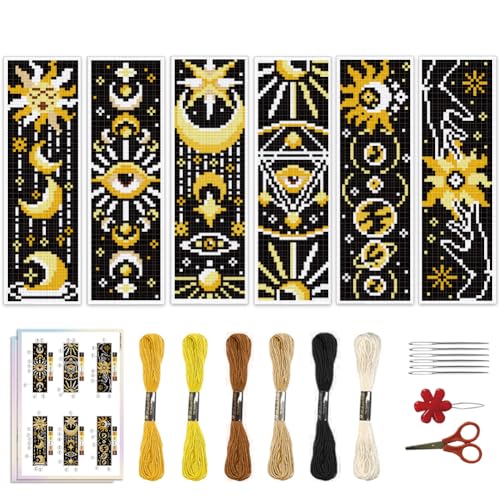Image of ACRNIGHEET 6PCS Cross Stitch Bookmark Kit for Beginner Sun and Moon Pattern Stamped Cross Stitch Kits for Adults Crossstitch Kits Adult Bookmarks with Instructions Hand Embroidery Craft Gift 11CT