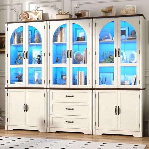 Image of 75 inch Tall Farmhouse Pantry Cabinet with LED Lights,6 Doors Wood Storage Cabinet w Arched Glass Doors /Drawers,Pantry Organizers and Storage,Rustic Wood Cupboard for Kitchen,Dining Room(White)