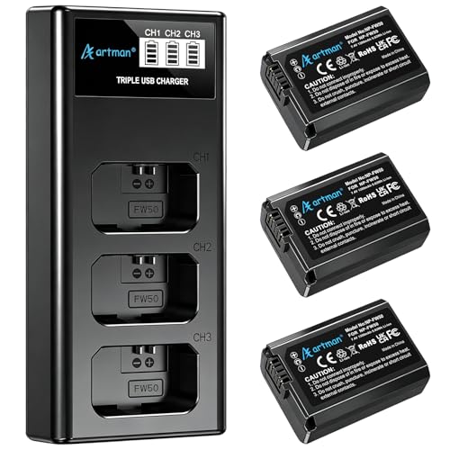 Artman NP-FW50 Battery 3-Pack and Upgraded 3-Slot ZV-E10 Battery LCD Charger for Sony ZV E10 Alpha A6500 A6400 A6300 A6000 A5100 A5000 A7S II A7S A7R II A7R A7 II A7 RX10 II III IV Cameras