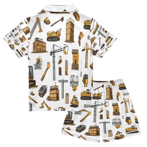 Satin Pajama Sets Short Sleeve Construction Equipment Car Pattern Button Down Silky Nightwear 2 Piece PJS 5-14Y2