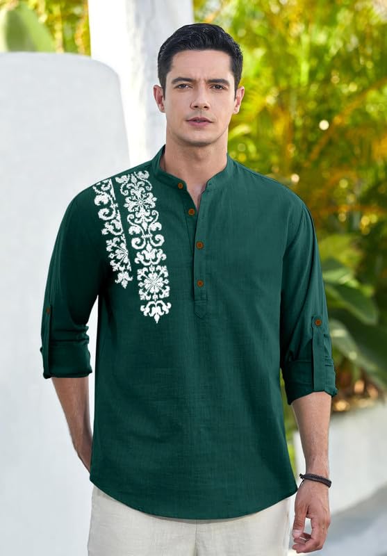 Image of Macsivo Cotton Blend Solid Casual Short Kurta for Men Long Sleeve Mandarin Collar Stylish Shirt Kurta for Men