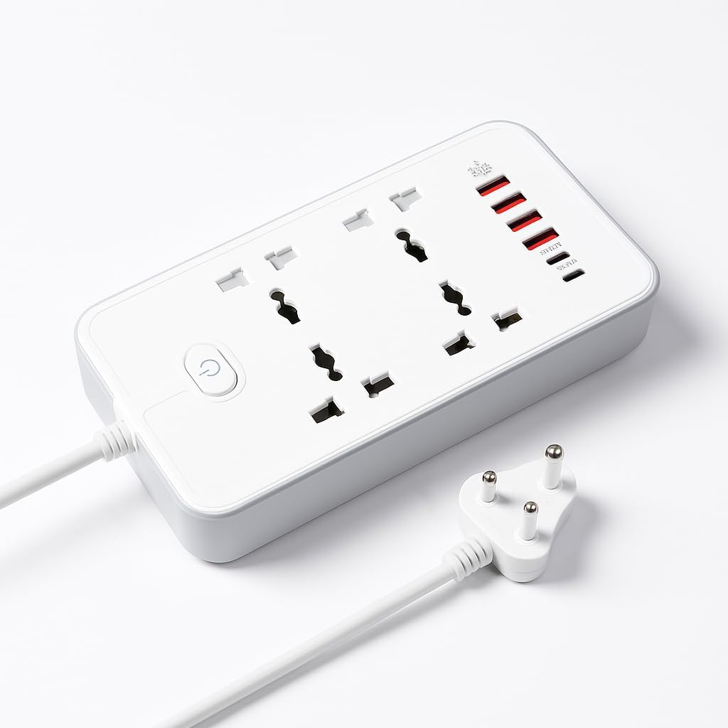 Extension Board, Power Strip with 4 USB Ports and 4 Universal Socket, 2500W 10A Extension Cord, 3-Pin Surge Protector Power Strip for Home, Office, Computer, Mobile Charging (Z66-White)-image-45