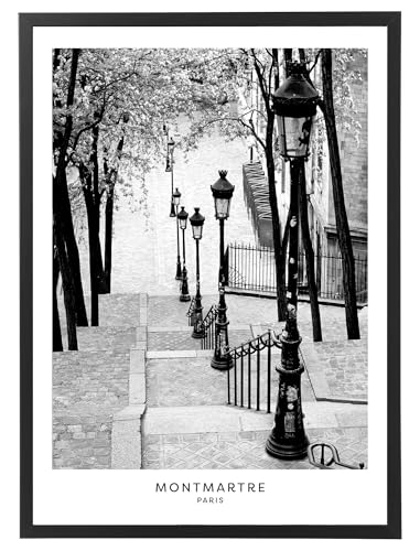 Générique Tableau Paris Montmartre 50 x 70 cm avec cadre en bois noir inclus - Affiche décoration noir et blanc