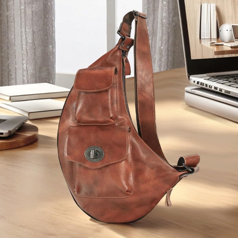 Men's Vintage Leather Chest Bag with Expandable Feature for Cross Body Carrying Large Capacity