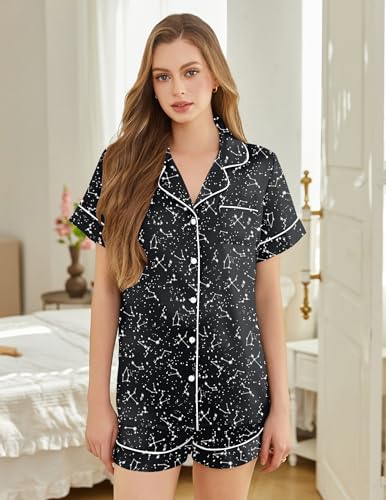 Image of Silk Pajamas for Women Short Sleeve Sleepwear Soft Button Down Loungewear 2 Piece Satin Pjs Shorts Set S-XXL