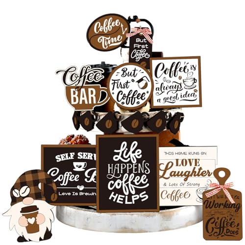Thyle 16 Pcs Fall Coffee Tiered Tray Decor Set Coffee Bar Wooden Signs Rustic Decorations Farmhouse Table Ornament for Station Bar Tray Shelf
