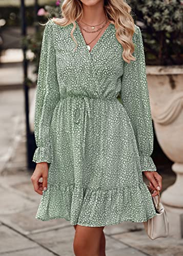 Image of KIRUNDO Women Casual Summer Fall Dresses Long Sleeve Floral Wrap V Neck High Waist Ruffle Tiered A Line Flowy Mini Dress