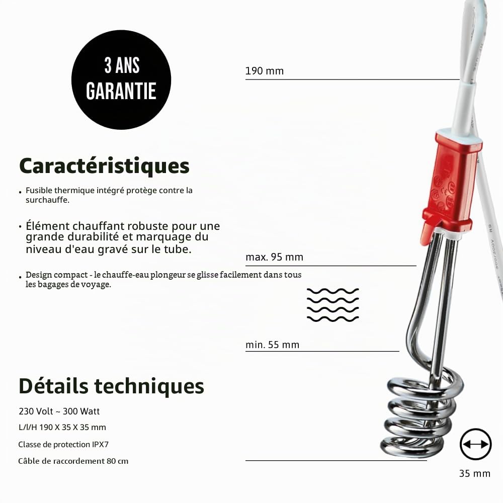 EHLERS RTE 304 Thermoplongeur de voyage, 300 W, en acier, 1 pièce