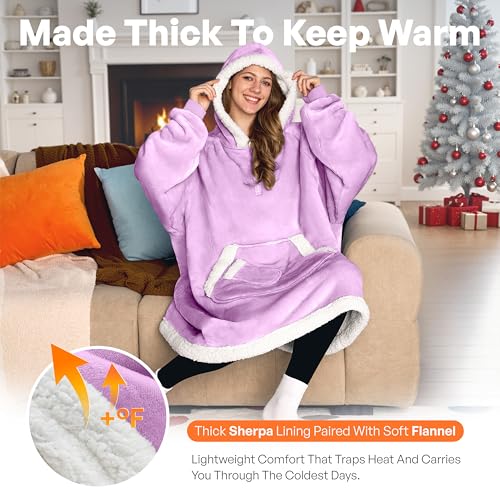Giggling Getup Wearable Blanket Hoodie for Women Men Gifts for Women Mom Wife Sherpa Fleece Hooded Blanket Sweatshirt Warm Cozy Sherpa Wearable Throw with Pocket and Sleeves for Adult Oversize Violet
