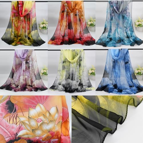 Summer Scarves for Women Ladies Lightweight Silk Gorgeous Floral Pattern Lotus Print Chiffon Scarves3