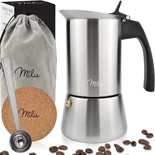Milu Espresso Maker Induction Hob | 2, 4, 6, 9 Cup| Stainless Steel Espresso Pot, Stovetop Moka Pot, Coffee Maker, Set Including Coaster, Spoon, Brush (2 Cups 100ml)