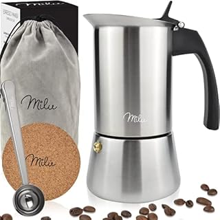 Milu Espresso Maker Induction Hob | 2, 4, 6, 9 Cup| Stainless Steel Espresso Pot, Stovetop Moka Pot, Coffee Maker, Set Including Coaster, Spoon, Brush (2 Cups 100ml)