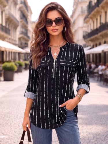 Image of Bulotus 3 /4 Length Sleeve Womens Striped Tops Zipper V Neck Collared Blouses Business Casual Tunics 2026 Spring Trendy