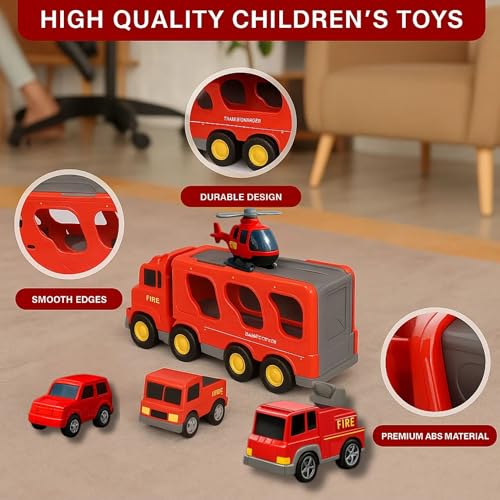 Image of GRAPHENE 5 in 1 Fire Truck Toy Set for Boy 3-10 Years Friction Powered Transport Vehicle Montessori Carrier Educational Light Music Pullback Monster Truck Mini Helicopter Taxi Playset Gift