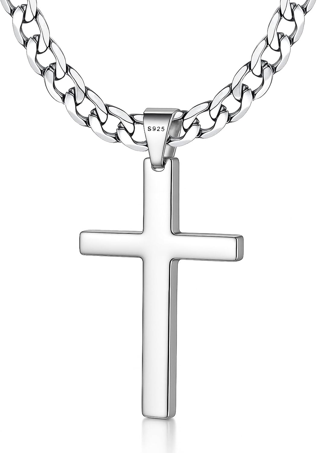 925 Sterling Silver Cross Necklace for Men Women, 5mm Stainless Steel Diamond-Cut Cuban Link Curb Chain