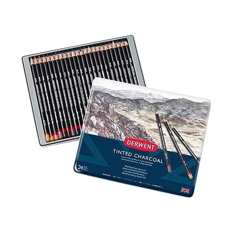 Derwent Tinted Charcoal Pencils, 4mm Core, Metal Tin, 24 Count (2301691) Cover