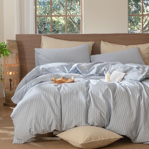 Image of MooMee Striped Duvet Cover Set 100% Washed Cotton Linen Like | Relaxed Linen-like Texture. Soft, Breathable & Long-lasting Comfort. Lightweight. Hidden Zipper with 8 Interior Corner Ties