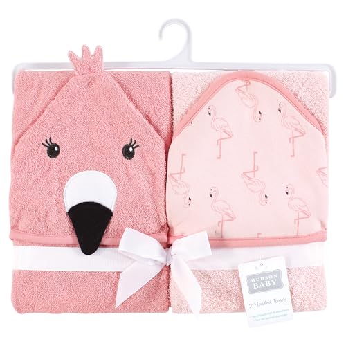 Image of Hudson Baby Unisex Baby Cotton Poly Animal Face Hooded Towel, Pink Flamingo, One Size