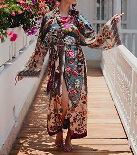 Bestyyou Women's Printed Kimono Cardigan with Tie Long Robe Dress Belted Bikini Swimsuit Cover Up Swimwear3