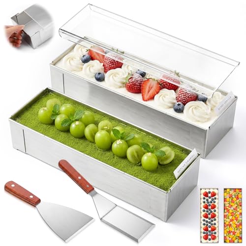 2 Pack Rectangle Tiramisu Cake Pan with Acrylic Lid 2 Metal Spatula Removable Frame Nonstick Tiramisu Baking Kit 304 Stainless Steel TiramisusCake Baking Mold for Cheesecake Mousse 15.7x3.9x2.5 Inch