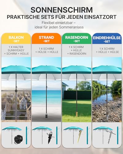 4smile Strandschirm SunnyJoy, Ø 180 cm Türkis - UPF 50+ Sonnenschirm Strand, Sonnenschirm Balkon - Strandschirm windfest stabil, Balkon-Schirm mit Hülle, Gartenschirm 3