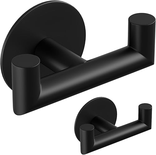 Paquete de 2 ganchos de baño negros para toallas, ganchos dobles autoadhesivos para pared, sin taladrar, acabado mate, agarre fuerte para batas,