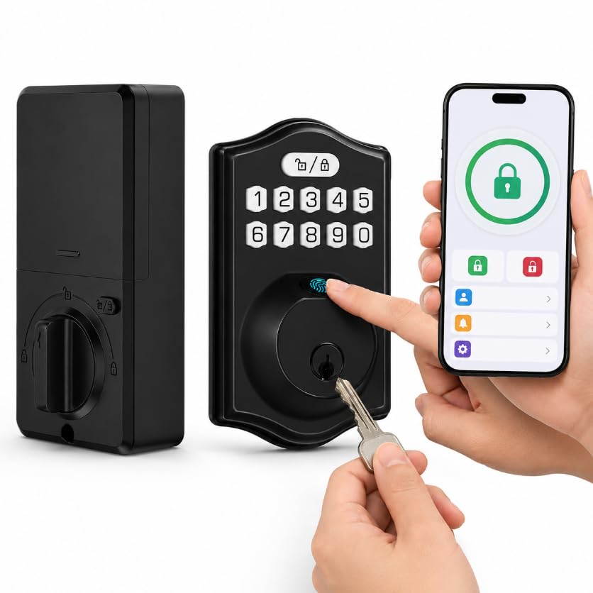 Smart Fingerprint Door Lock – Serratura Bluetooth Keyless Entry con controllo app, codice PIN e chiave di backup, nero esterno/finitura interna nera