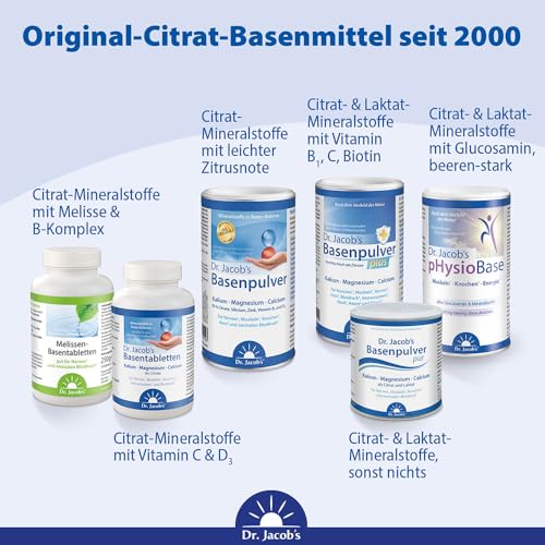 Dr. Jacob's Basenpulver I viel Kalium, Magnesium und Calcium I das Original Citrat-Basen-Pulver in Premium Qualität seit 25 Jahren I gezielter Mineralstoff- und Basen-Ausgleich* I 300 g Dose, vegan
