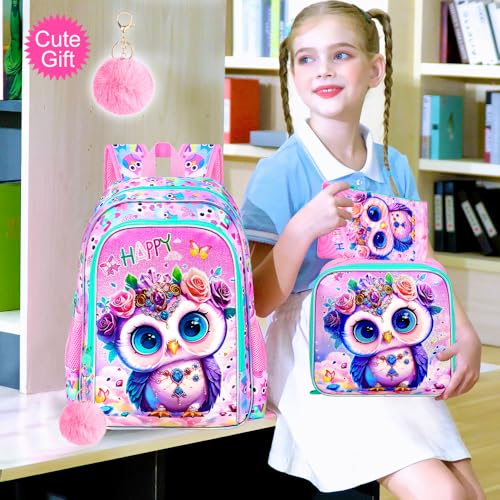 Image of 16 inch Backpack for Girls, 3Pcs Kids Bookbag with Lunch Box,Owl School Backpacks for Elementary Preschool Kindergarten (Pink)