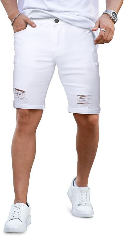 Mens Jean Shorts Slim Fit Stretch Ripped Denim | 9 Inch, Tear Style, Breathable, Wear-Resistant, Perfect for Beach, Trips, Casual, Date and Dailywear
