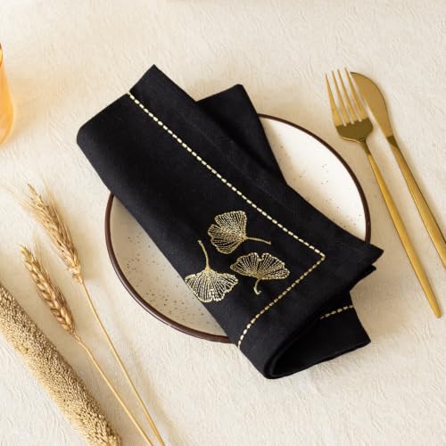 Image of R home Black Leaf Luxe Cotton Slub Table Napkins Set of 6 | 45x45 cm | Zari Embroidered Cloth Napkins | Elegant Dining & Cocktail Napkins | Premium Table Linen for Dining, Parties & Home Decor