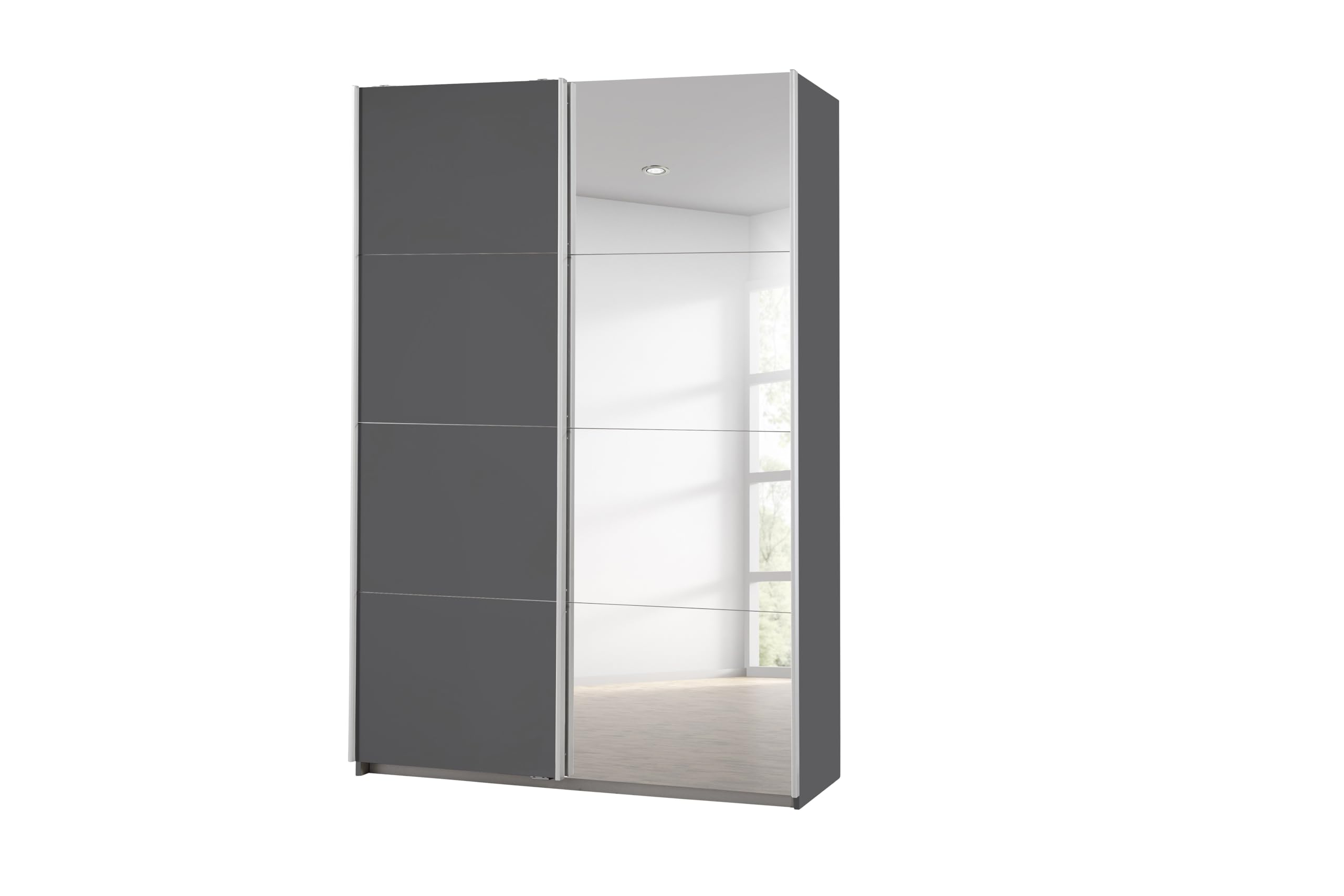 Rauch Möbel Caracas, Kleiderschrank mit Schwebetüren für Schlafzimmer, Kinderzimmer, Flur 2-türig, mit Spiegel, Zubehör Basic, Farbe Grau metallic, Schwarz, Breite 136 cm