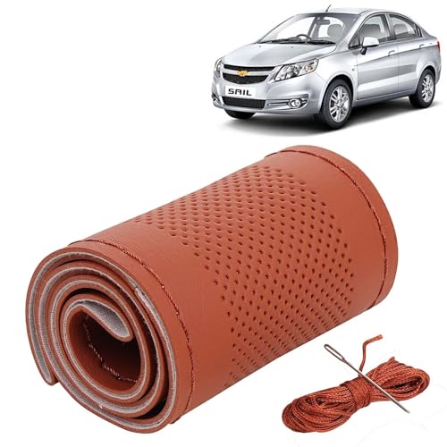 Image of KINGSWAY PU Leatherite Car Steering Cover Sewable Compatible with Chevrolet Sail (Year 2010-2016), Tan Color with Tan Thread, Pack of 1 with Sewing Needle and Thread